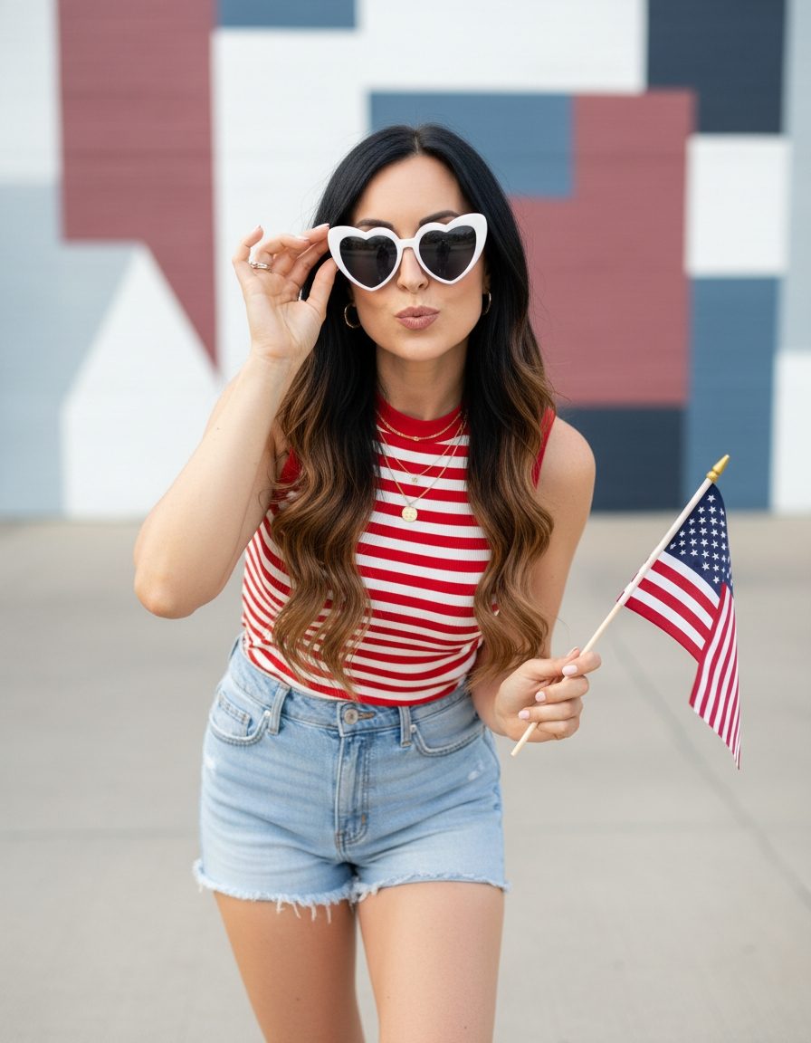 Woman in red and white striped top holding a small American flag, celebrating Memorial Day